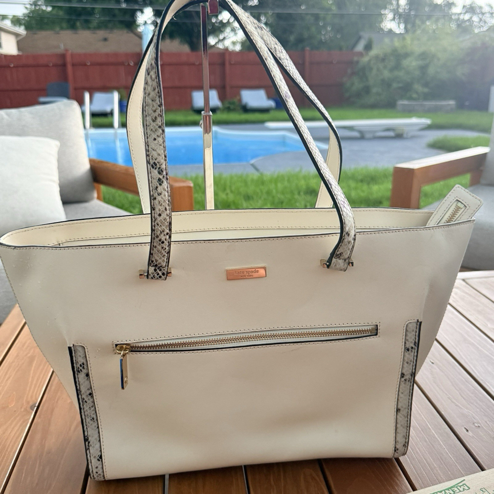 Kate Spade Zip Top Leather Tote White Large